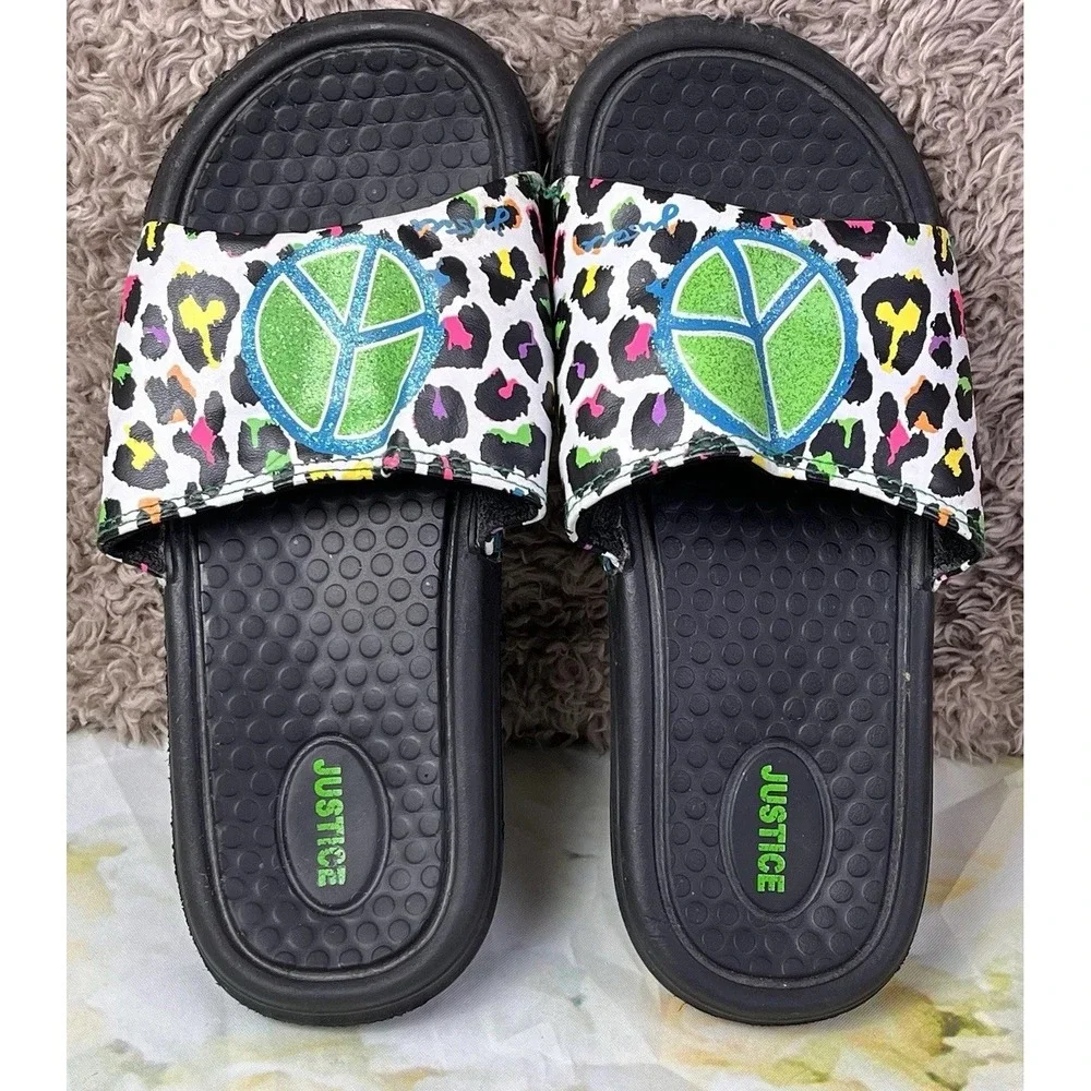 Justice Slides Shoe Size 3-4 Girls Kids Peace Sign Glitter Colorful Animal Print